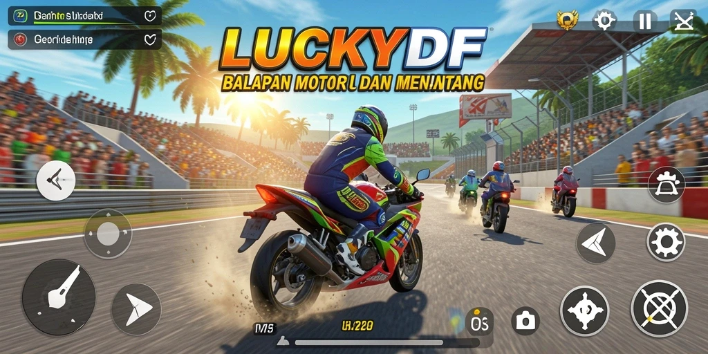 Tampilan gameplay LUCKYDF dengan motor balap yang cepat dan trek menantang.