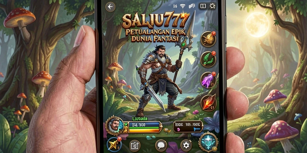 Screenshot utama SALJU777 menampilkan pertarungan epik karakter di dunia fantasi.