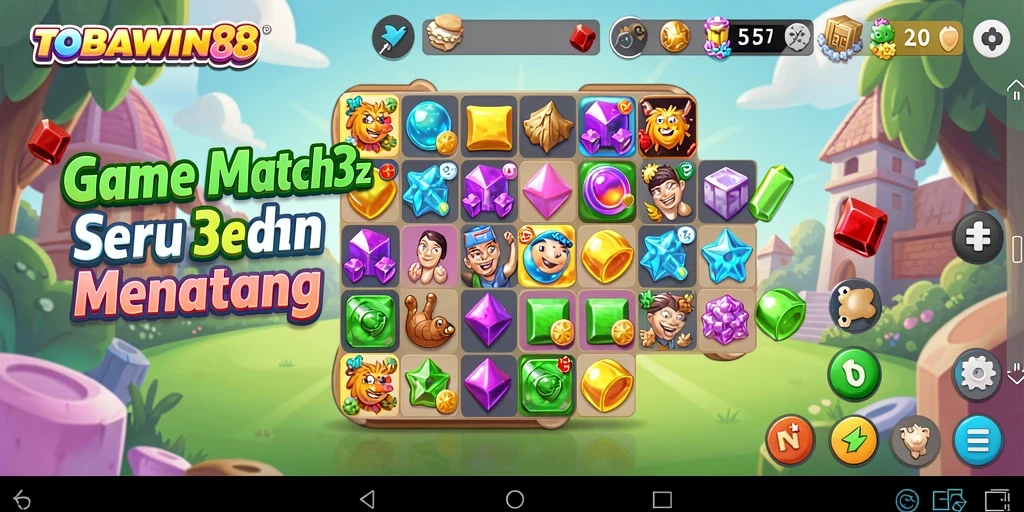 Tampilan gameplay seru TOBAWIN88 dengan mekanika Match-3 yang menarik.